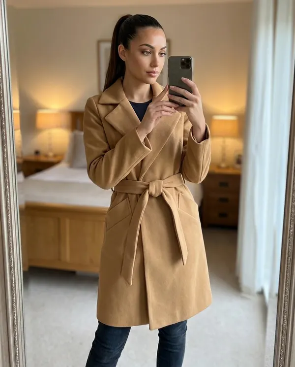 Satin Eve styling: Belted Wool-Look Wrap Coat