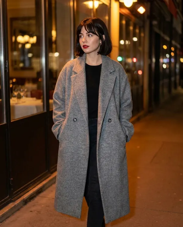 Satin Eve styling: Oversized Grey Wool-Look Coat