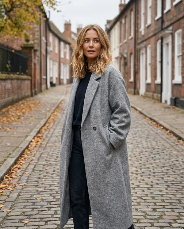 Satin Eve styling: Oversized Grey Wool-Look Coat
