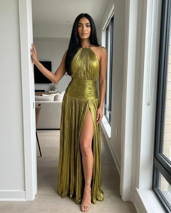 Satin Eve styling: Metallic Pleated Halter Maxi Dress