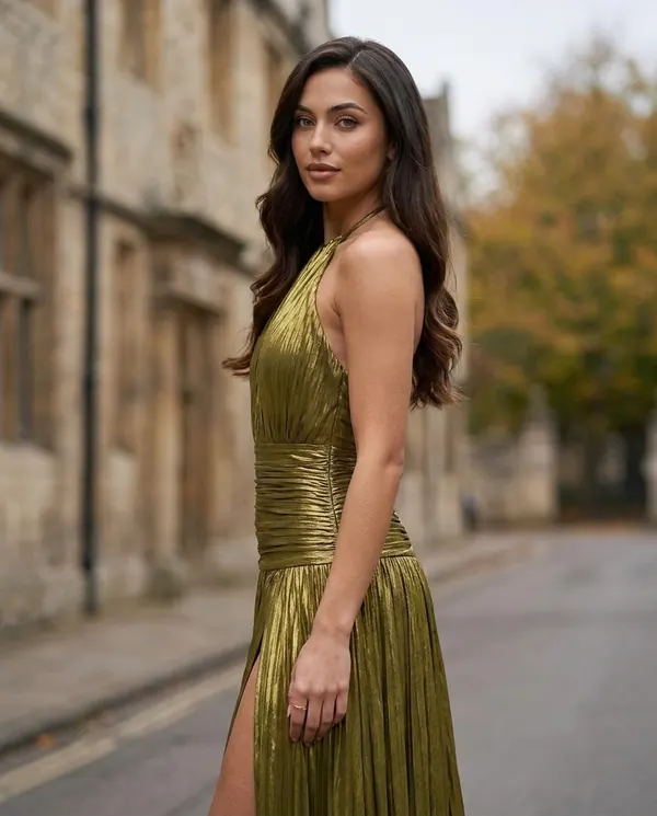 Satin Eve styling: Metallic Pleated Halter Maxi Dress