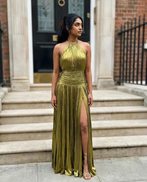 Satin Eve styling: Metallic Pleated Halter Maxi Dress