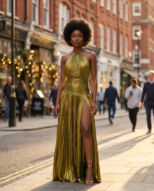 Satin Eve styling: Metallic Pleated Halter Maxi Dress
