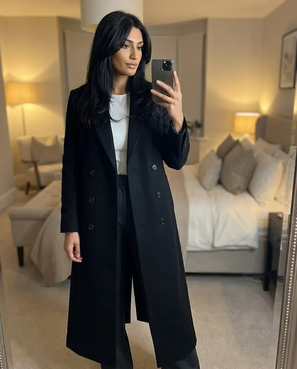 Satin Eve styling: Long Double-Breasted Wool-Look Coat