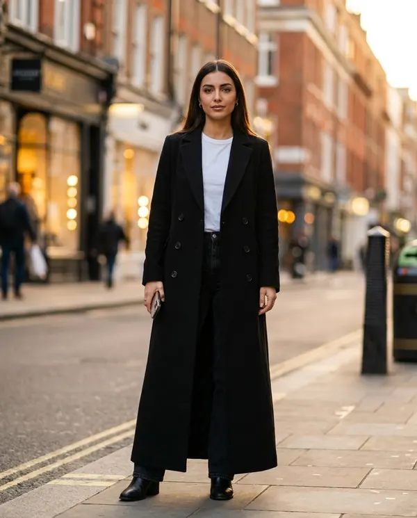 Satin Eve styling: Long Double-Breasted Wool-Look Coat