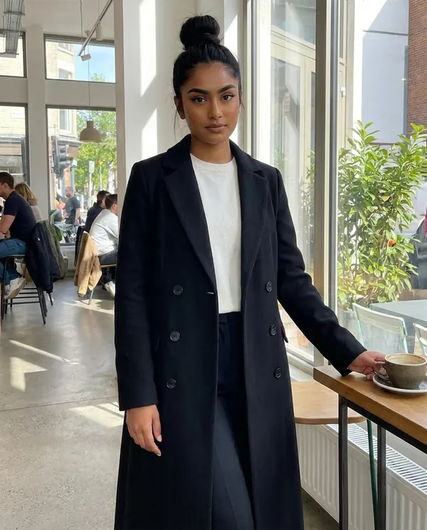 Satin Eve styling: Long Double-Breasted Wool-Look Coat