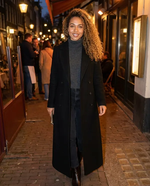 Satin Eve styling: Long Double-Breasted Wool-Look Coat