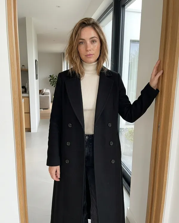 Satin Eve styling: Long Double-Breasted Wool-Look Coat