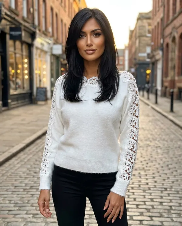 Satin Eve styling: Lace Sleeve Boat Neck Knit Jumper