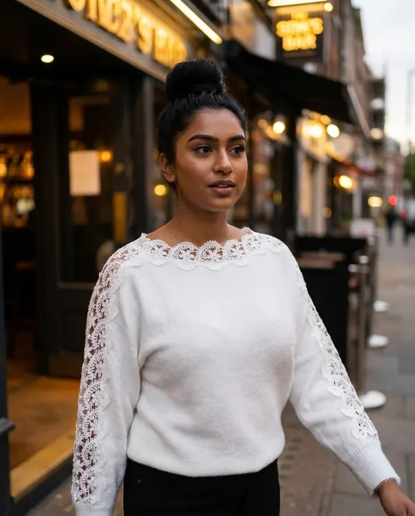 Satin Eve styling: Lace Sleeve Boat Neck Knit Jumper