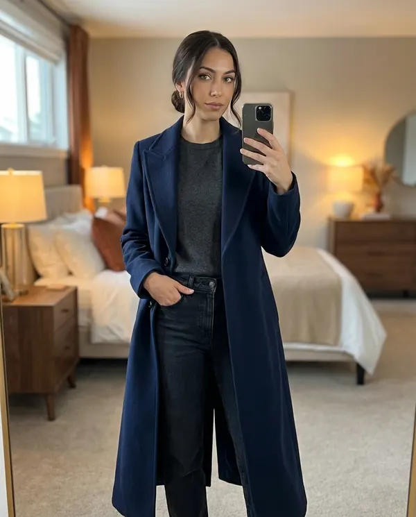 Satin Eve styling: Navy Straight-Line Long Wool-Look Coat