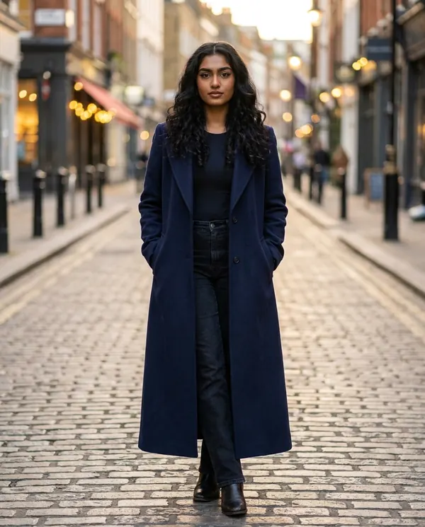 Satin Eve styling: Navy Straight-Line Long Wool-Look Coat