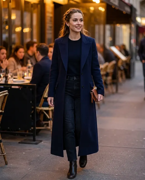 Satin Eve styling: Navy Straight-Line Long Wool-Look Coat