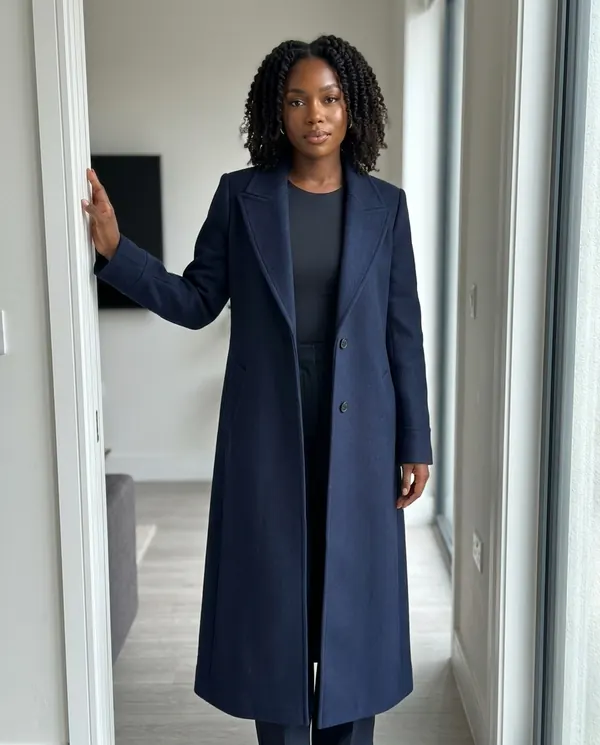Satin Eve styling: Navy Straight-Line Long Wool-Look Coat