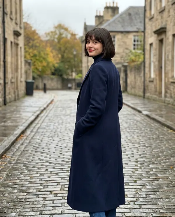 Satin Eve styling: Navy Straight-Line Long Wool-Look Coat