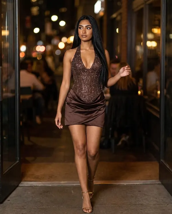 Satin Eve styling: Sequin Corset Halter Mini Dress