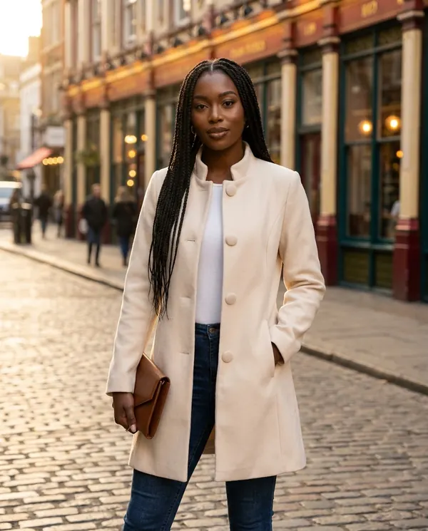 Satin Eve styling: Wool-Look Funnel Neck Coat