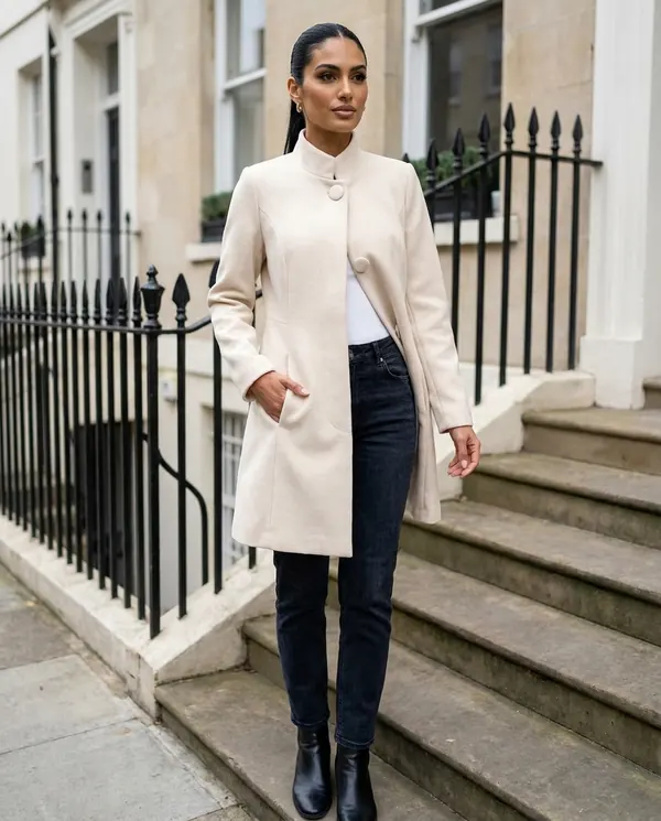 Satin Eve styling: Wool-Look Funnel Neck Coat