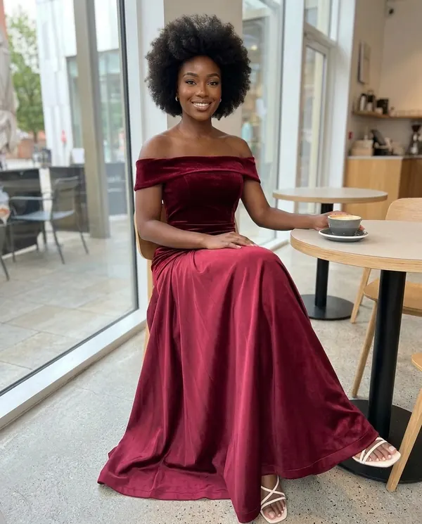 Satin Eve styling: Off-Shoulder Velvet-Look Bodice Maxi Dress