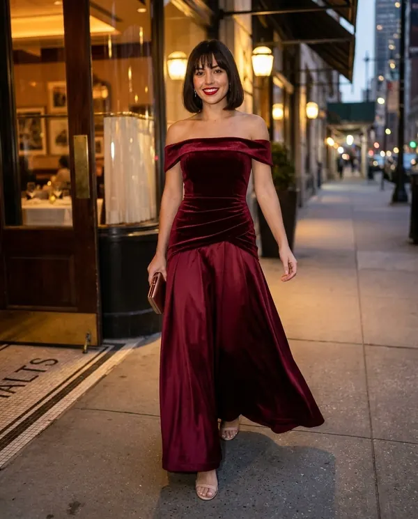 Satin Eve styling: Off-Shoulder Velvet-Look Bodice Maxi Dress