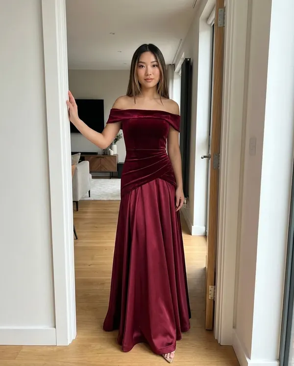 Satin Eve styling: Off-Shoulder Velvet-Look Bodice Maxi Dress
