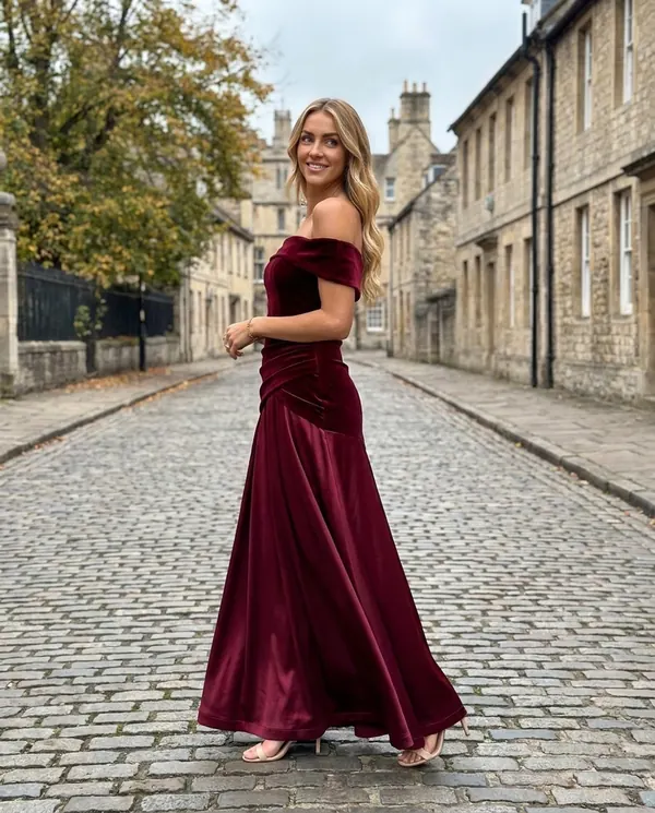 Satin Eve styling: Off-Shoulder Velvet-Look Bodice Maxi Dress