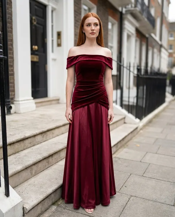 Satin Eve styling: Off-Shoulder Velvet-Look Bodice Maxi Dress
