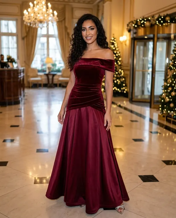Satin Eve styling: Off-Shoulder Velvet-Look Bodice Maxi Dress