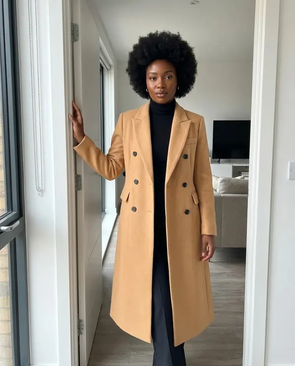 Satin Eve styling: Tailored Double-Breasted Wool-Look Coat