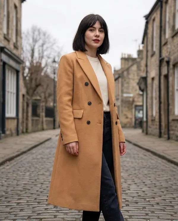 Satin Eve styling: Tailored Double-Breasted Wool-Look Coat