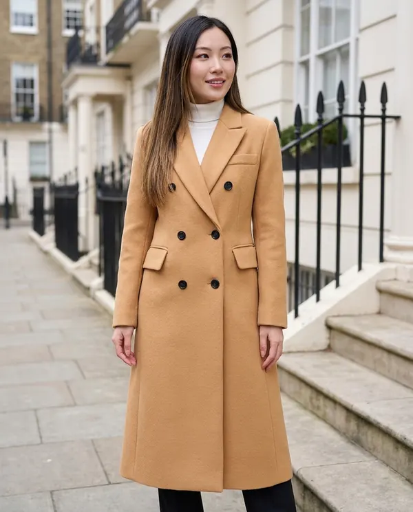 Satin Eve styling: Tailored Double-Breasted Wool-Look Coat