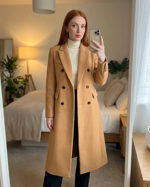 Satin Eve styling: Tailored Double-Breasted Wool-Look Coat