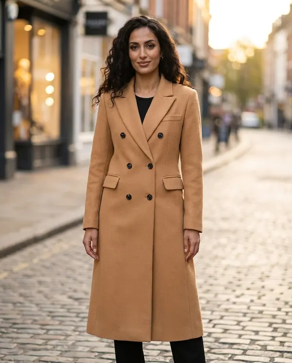Satin Eve styling: Tailored Double-Breasted Wool-Look Coat