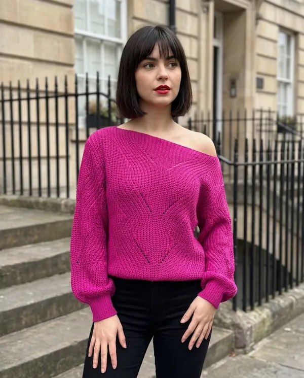Satin Eve styling: Off-Shoulder Lantern Sleeve Knit Jumper