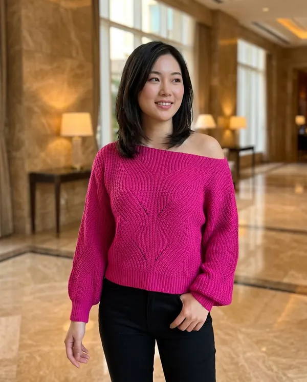 Satin Eve styling: Off-Shoulder Lantern Sleeve Knit Jumper