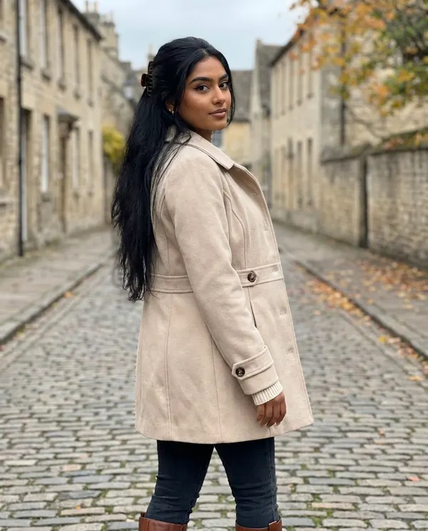 Satin Eve styling: Button-Through Fitted Wool-Look Coat