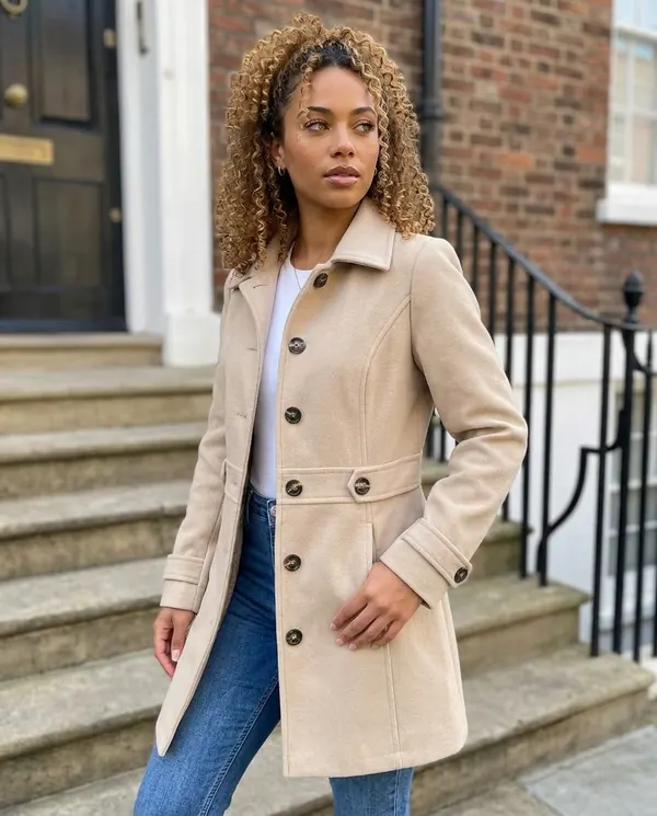 Satin Eve styling: Button-Through Fitted Wool-Look Coat