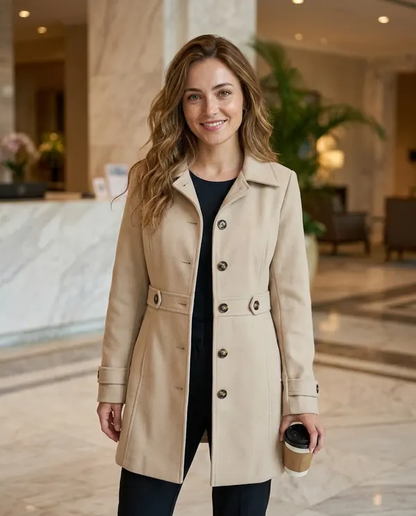 Satin Eve styling: Button-Through Fitted Wool-Look Coat