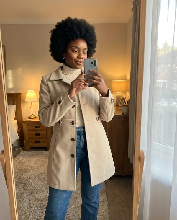Satin Eve styling: Button-Through Fitted Wool-Look Coat