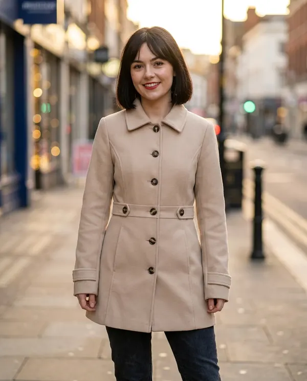 Satin Eve styling: Button-Through Fitted Wool-Look Coat