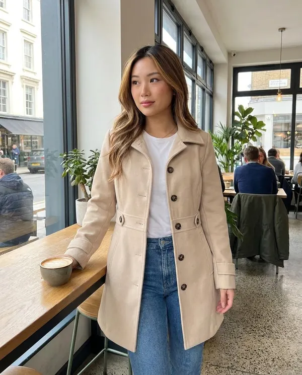 Satin Eve styling: Button-Through Fitted Wool-Look Coat