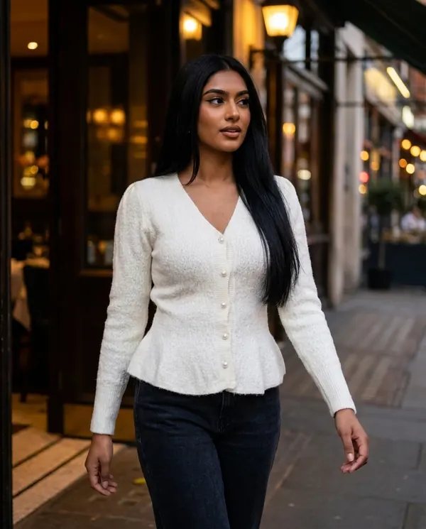 Satin Eve styling: Pearl Button Peplum Cardigan