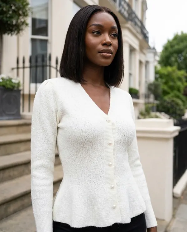Satin Eve styling: Pearl Button Peplum Cardigan