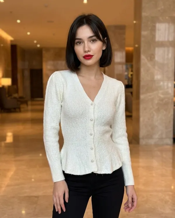 Satin Eve styling: Pearl Button Peplum Cardigan