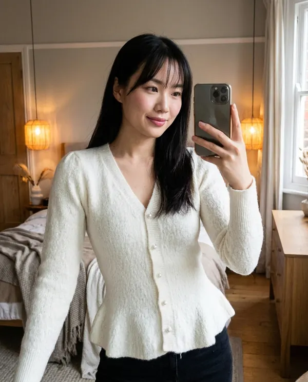 Satin Eve styling: Pearl Button Peplum Cardigan