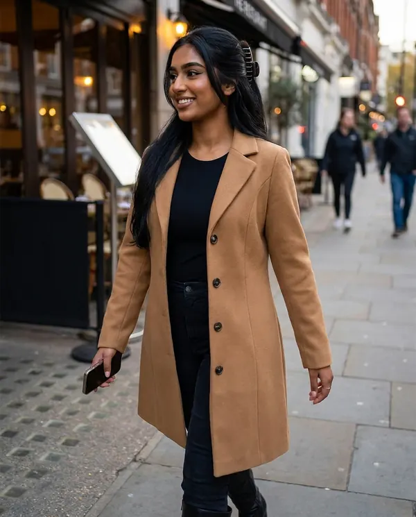 Satin Eve styling: Fitted Single-Breasted Wool-Look Coat