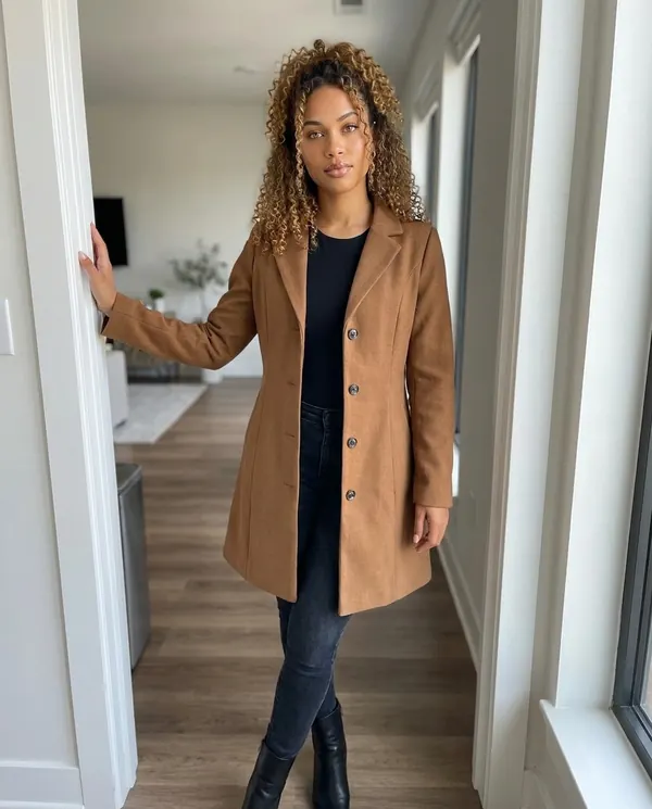 Satin Eve styling: Fitted Single-Breasted Wool-Look Coat