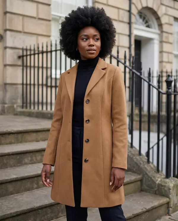 Satin Eve styling: Fitted Single-Breasted Wool-Look Coat