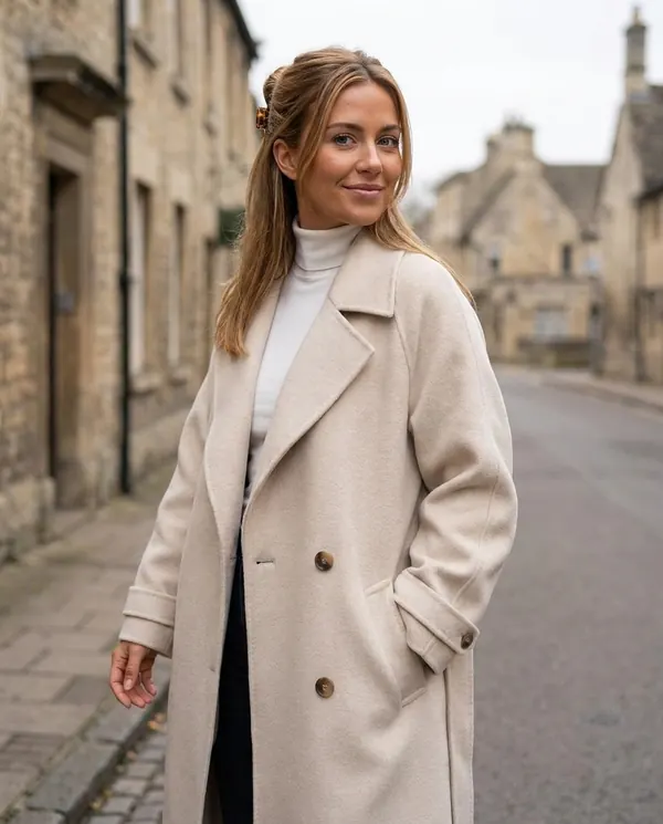 Satin Eve styling: Oversized Cream Wool-Look Coat