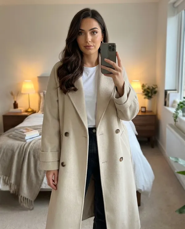 Satin Eve styling: Oversized Cream Wool-Look Coat